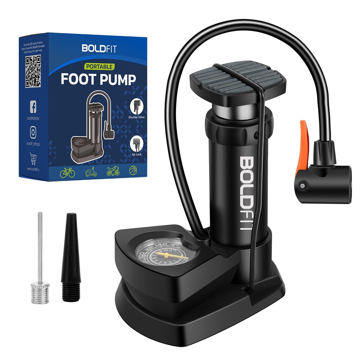 Boldfit Bicycle Pump with Pressure Gauge - High Pressure Foot Air Pump for Cycles, Balloons, Footballs and Tyres - Black-image-29