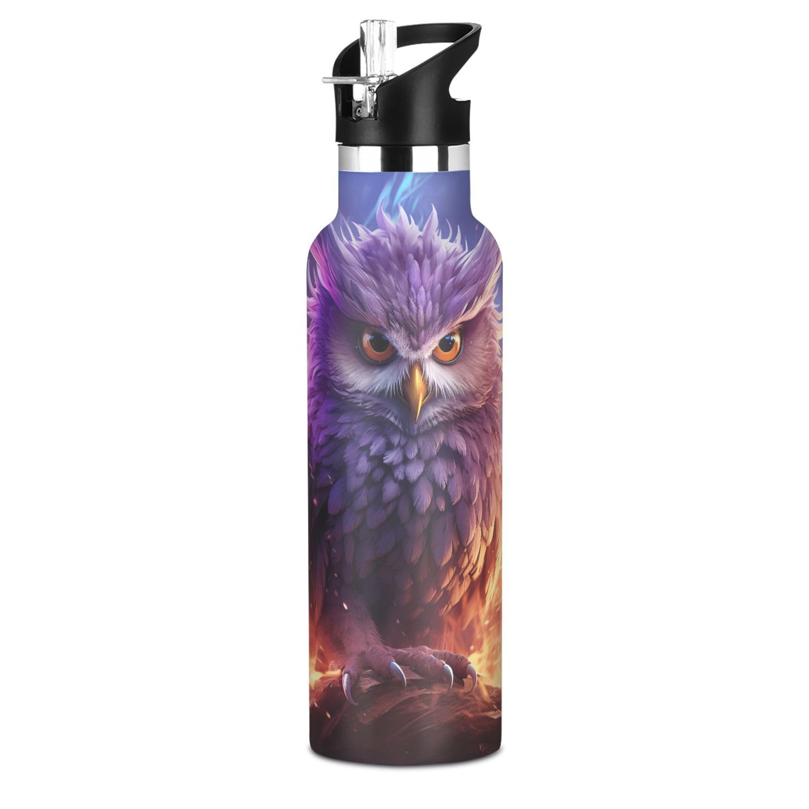 Kaaviyo Boys Pattern Purple Owl Fierce Mysterious Water Bottle Stainless Steel Jug Insulated Vacuum Cup For Girls(600Ml)