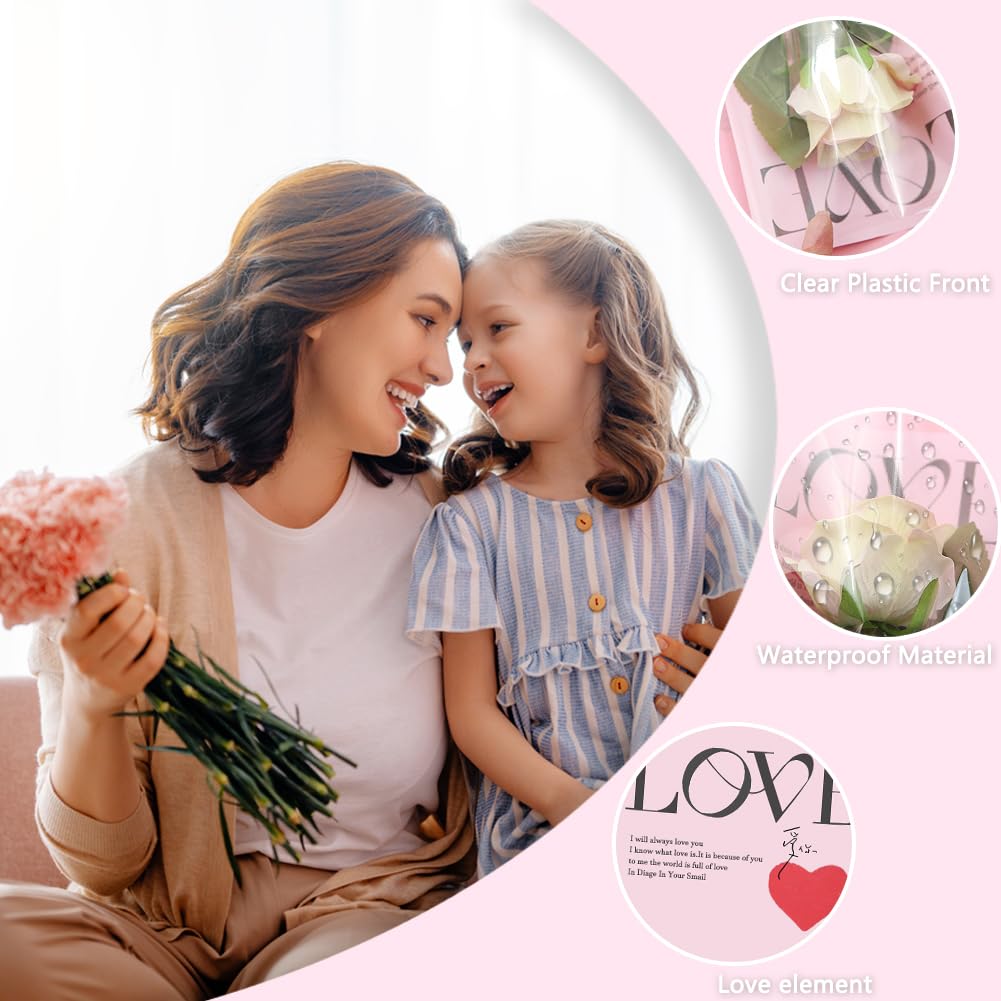 Single Rose Sleeve,Single Bouquet Packaging Bags with 1 Roll Pink Edge Ribbon Plastic Pink with LOVE Printed Flower Bags for Wedding Anniversary Valentine's Day Mother's Day 15.7x5.5 inch - Image 3
