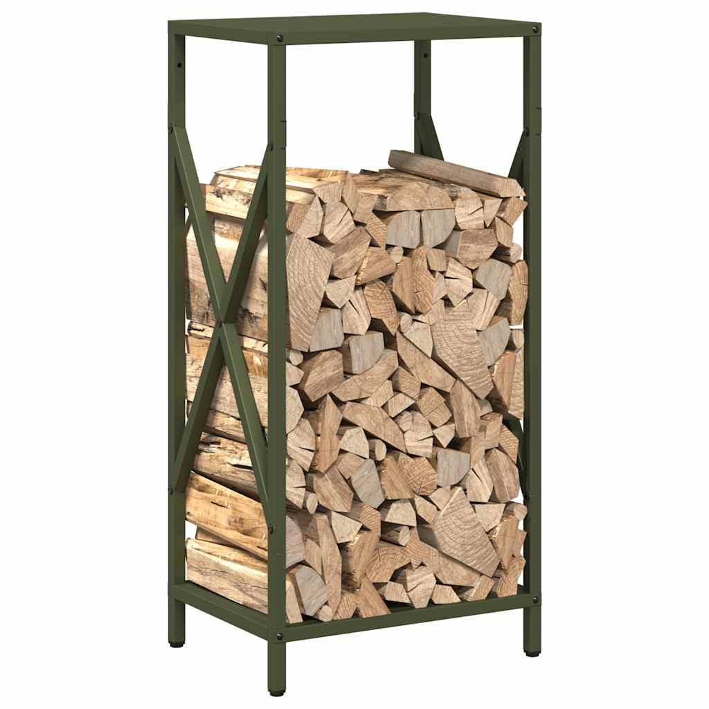 Brokky 864322 Rastrelliera per Legna da Ardere Verde Oliva 34x25x70 cm Legnaia da Esterno in Metallo, Ripiano per Legna da Ardere, Portalegna