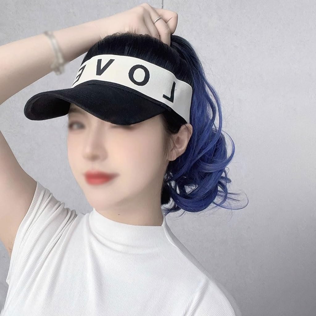 Bald Cap Black Gradient Blue Wig Hat, Women's Hat Wig, Natural Look Synthetic Heat Resistant Fiber Wig, Suitable for Outdoor Leisure Hair Cap