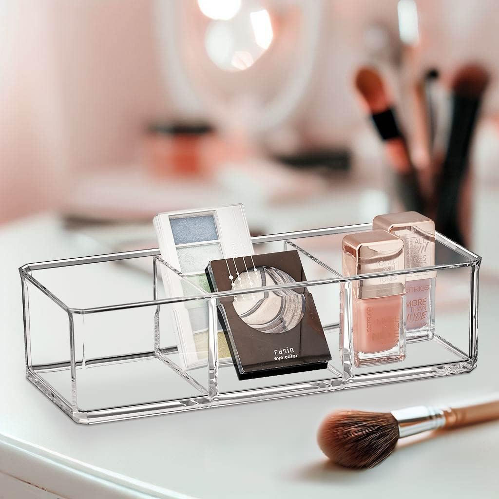 Amazing Abby - Glamour - Acrylic 3-Compartment Makeup Organizer, Transparent Plastic Lipstick Holder, Perfect Bathroom Vanity Storage Solution for Lipsticks, Nail Polishes, and More 3-Compartment, 1-Pack