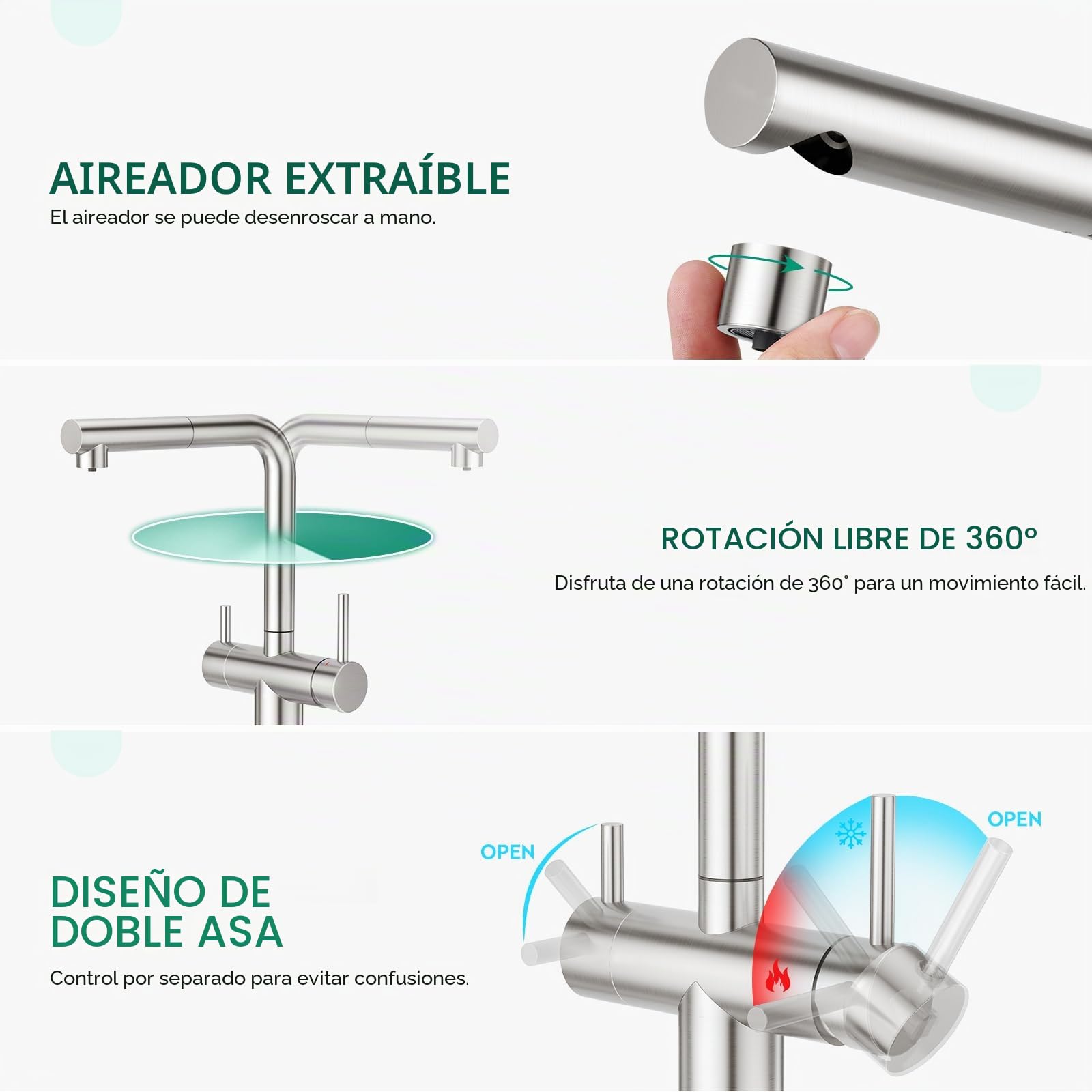 CREA Grifo de Cocina 3 Vías Osmosis con Ducha Extraíble, Giratorio 360°, Cepillado