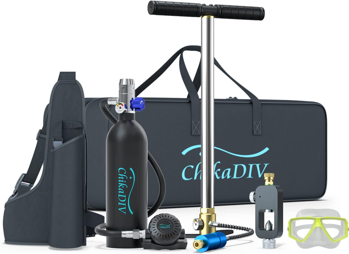 CHIKADIV 1L Mini Scuba Tank with 15 Minutes Mini Diving Tank with Pump Portable Oxygen Tank for Diving Underwater Tank Diving Package Diving Gear Snorkeling Equipment