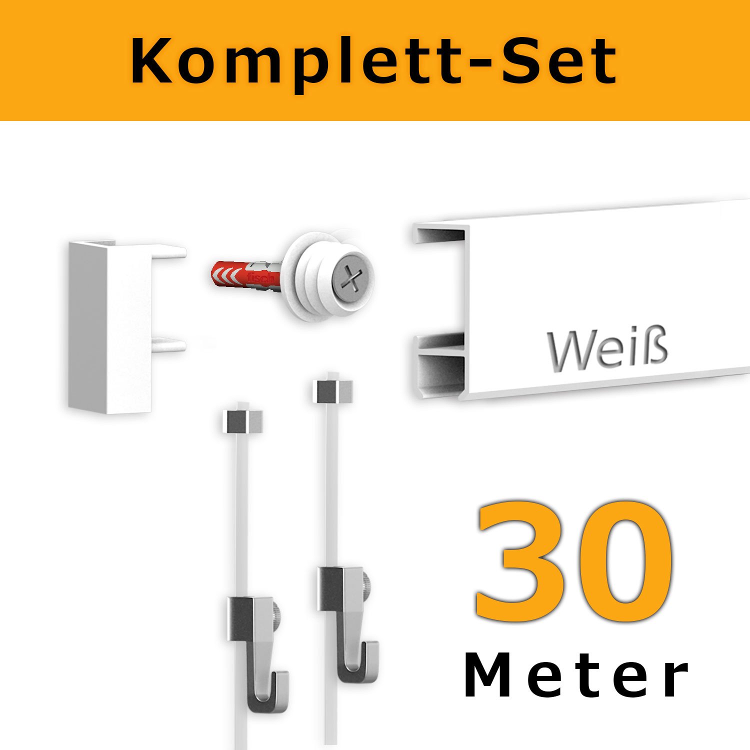 hang-it Komplettset - Galerieleisten Bilderleisten - 30 Meter inkl. Bilderhaken, Seile und Montagematerial