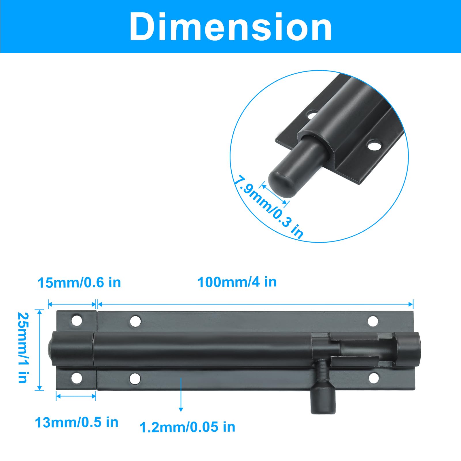 Cjueiom 2 Pack Door Lock Bolts, 4 Inch / 100mm Black Barrel Bolt Latch Heavy Duty - Image 3