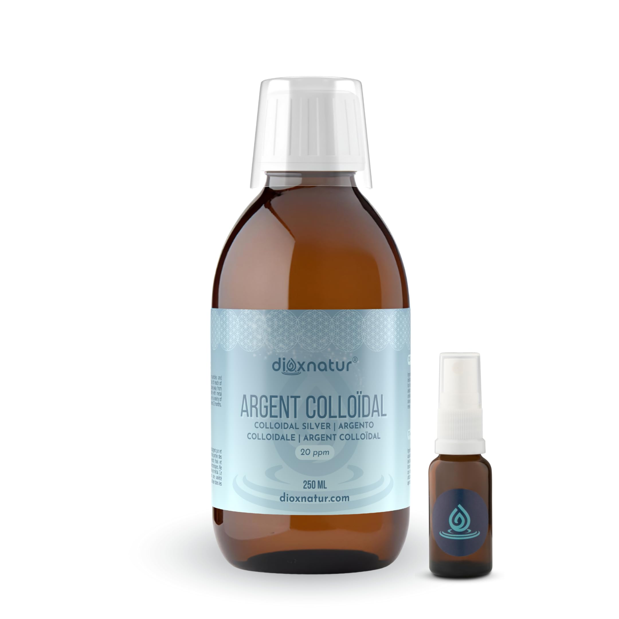 Argent colloïdal 20 ppm 250 ml DIOXNATUR® | Colloidal Silver Pure avec spray et verre compteur inclus | Bouteille en verre ambré | 100% naturel | Concentration optimale