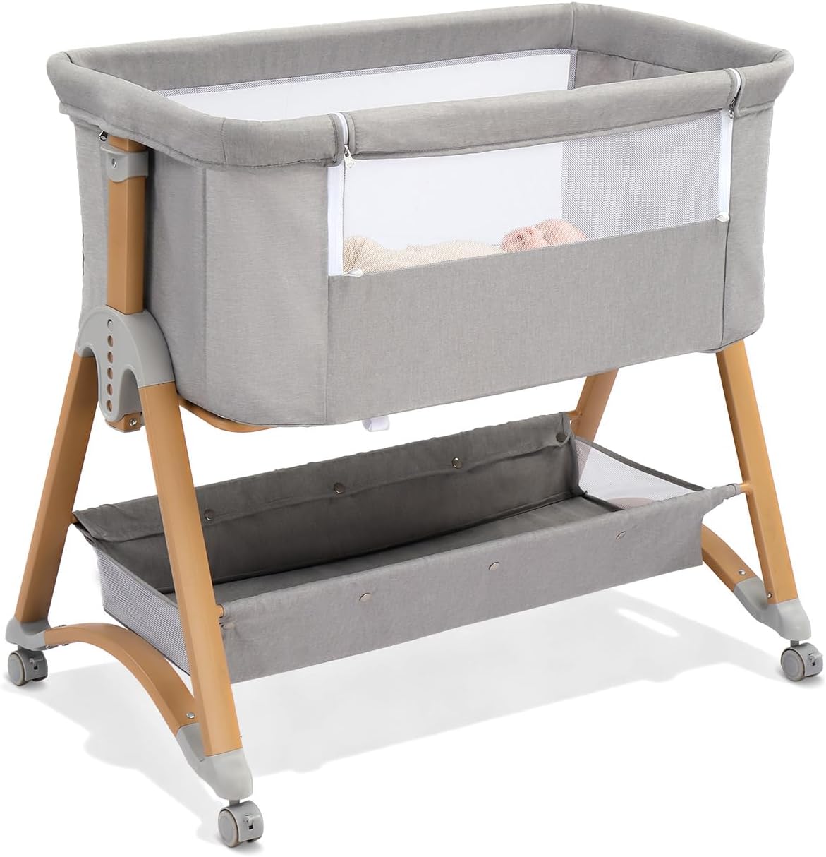 Ktaxon 5 in 1 Baby Bassinet Bedside Sleeper, Rocking Bedside Bassinet with Wheel, Removable Mattress, 6 Adjustable Heights, Large Storage Basket, Airflow Mesh, Fast Folding for Newborn (Light Grey)