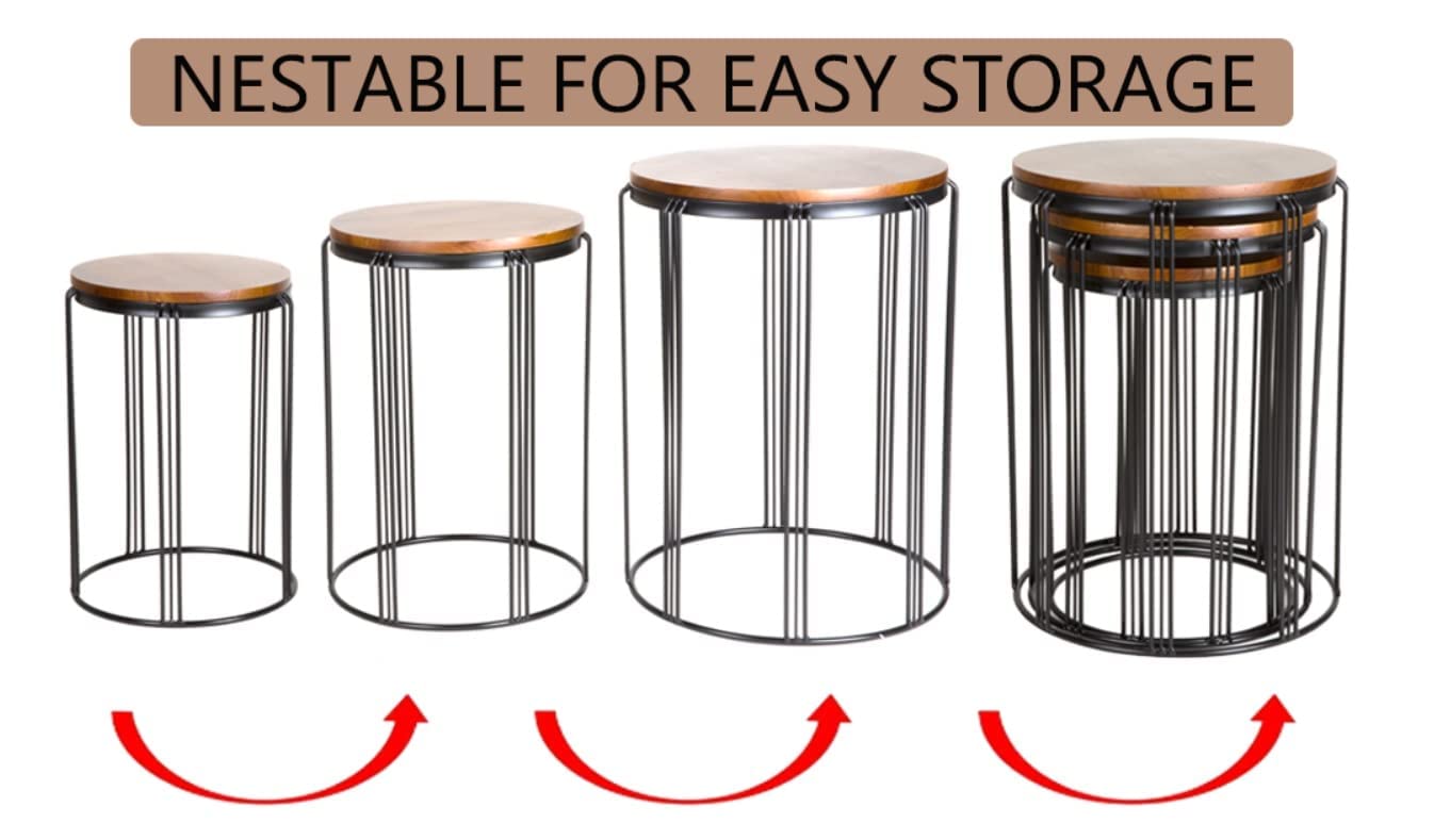 . 45881 Patio Side End Plant Tables Outdoor Set of 3, Round Rustic Metal Wire Frame with Fir Wood Top, Industrial Nesting Stacking Coffee Tables for Living Room Balcony Indoor Home Office 4