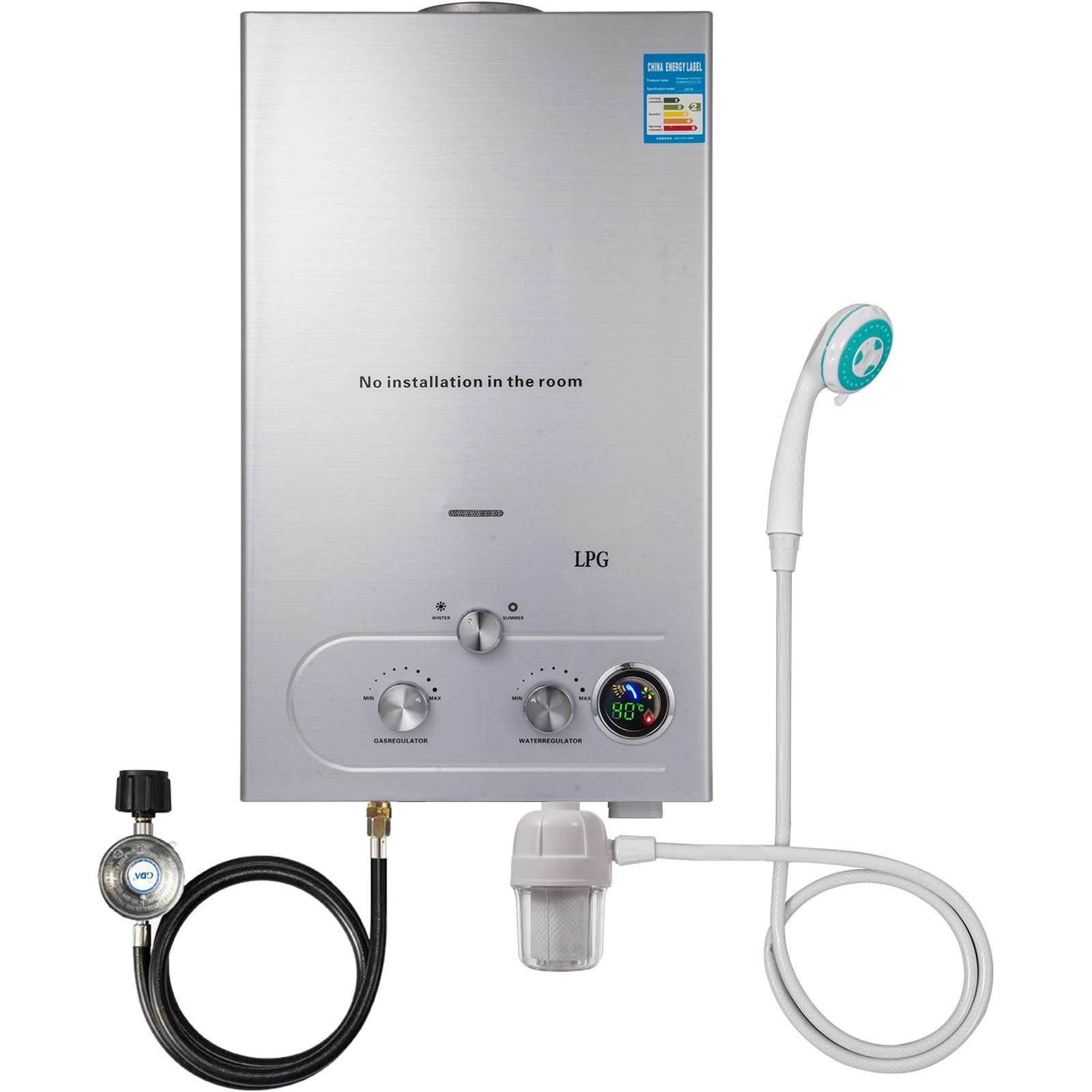Przenośny gazowy podgrzewacz wody, 8 l, 16 kW, LPG, propan, butan, bezzbiornikowy, natychmiastowy podgrzewacz wody do domu, kampera, kabiny, stodoły (8 l, 16 kW)