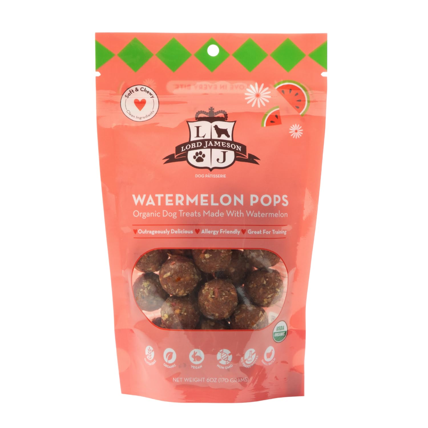 Lord Jameson Watermelon Pops Organic Dog Treats, Organic Dog Treats Made with Real Watermelon, 6 oz. Bag