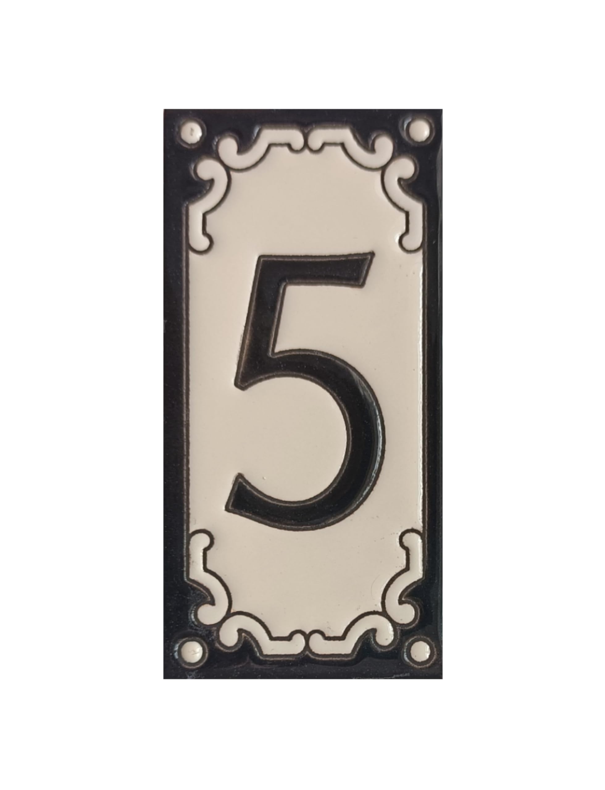 Jacho Black Hand-Painted Number and Letter Tiles 11 x 5.5 cm with Optional Metal Filigree Frames (Number 5 Tile)