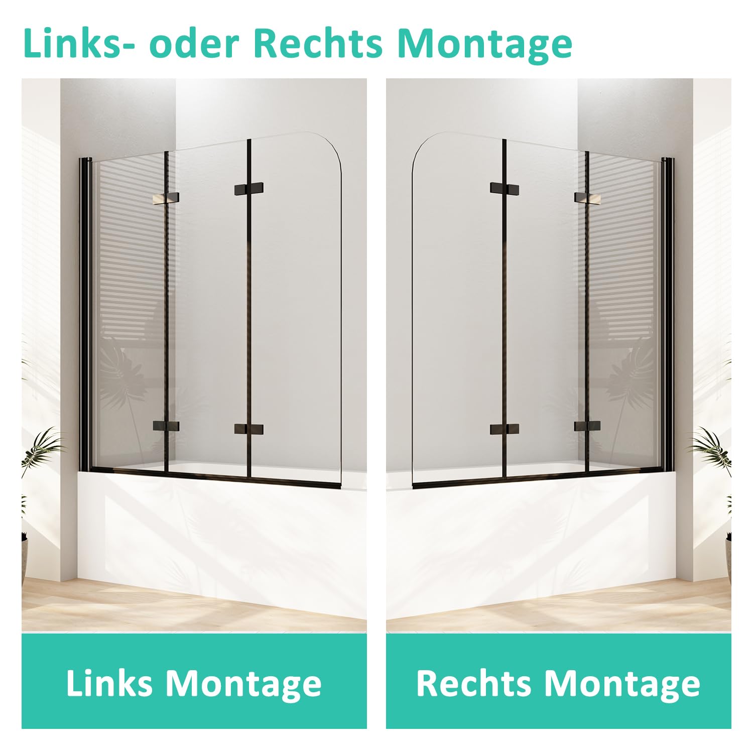 Duschwand für Badewanne 140x140cm 3-teilig faltbar Badewannenaufsatz Badewannenfaltwand Duschwand Faltwand Duschabtrennung für Badewanne mit 6mm NANO Sicherheitsglas, Matt Schwarz