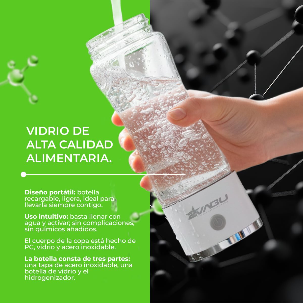 Botella de Agua Hidrogenada – 1300 PPB de Hidrógeno Molecular – Tecnología SPE/PEM de Alta Pureza – Agua con ORP Reducido – 450 ml (Molecular Curve)