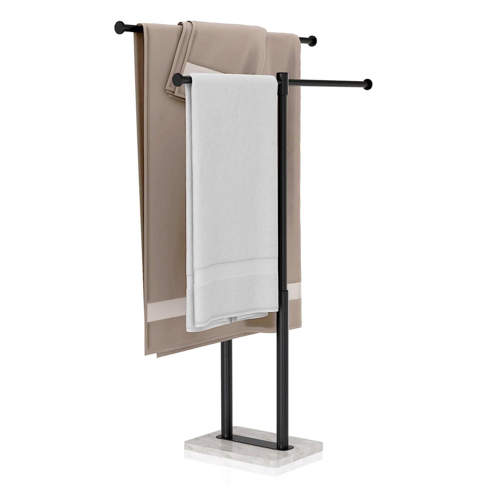 OWOHYG 2-Tier Standing Towel Rack For Bathroom Floor,Freestanding Towel Stand With 16Cm Spacing*Marble Base,Easy To Assemble,Carbon Steel,25X18X85.5Cm.