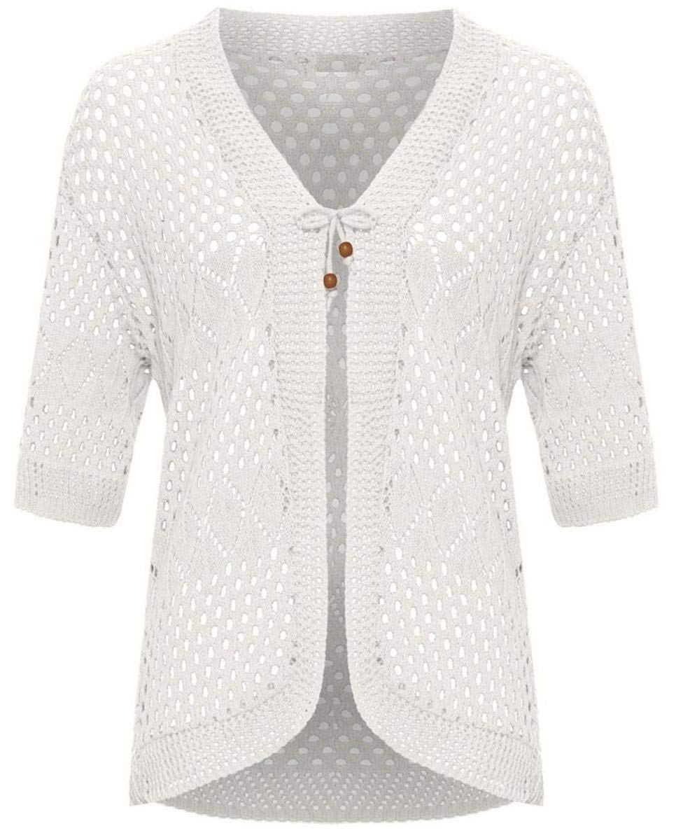 Top Fashion18 Ladies Plus Crochet Knitted Open Tied Cardigan Short Sleeve Shrug Top Size 16-26 White