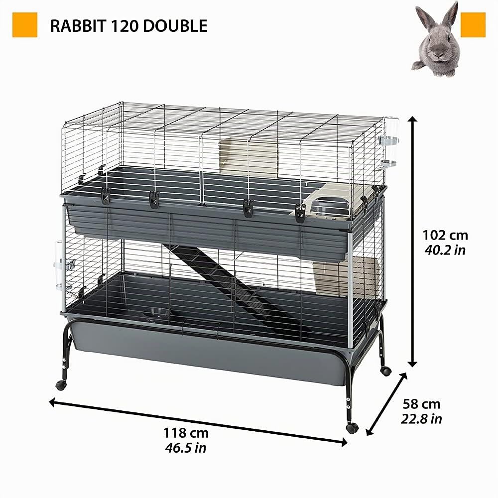 Cage Deux étages pour Lapins RABBIT 120 DOUBLE, Face avant Ouvrable, Support et Accessoires inclus