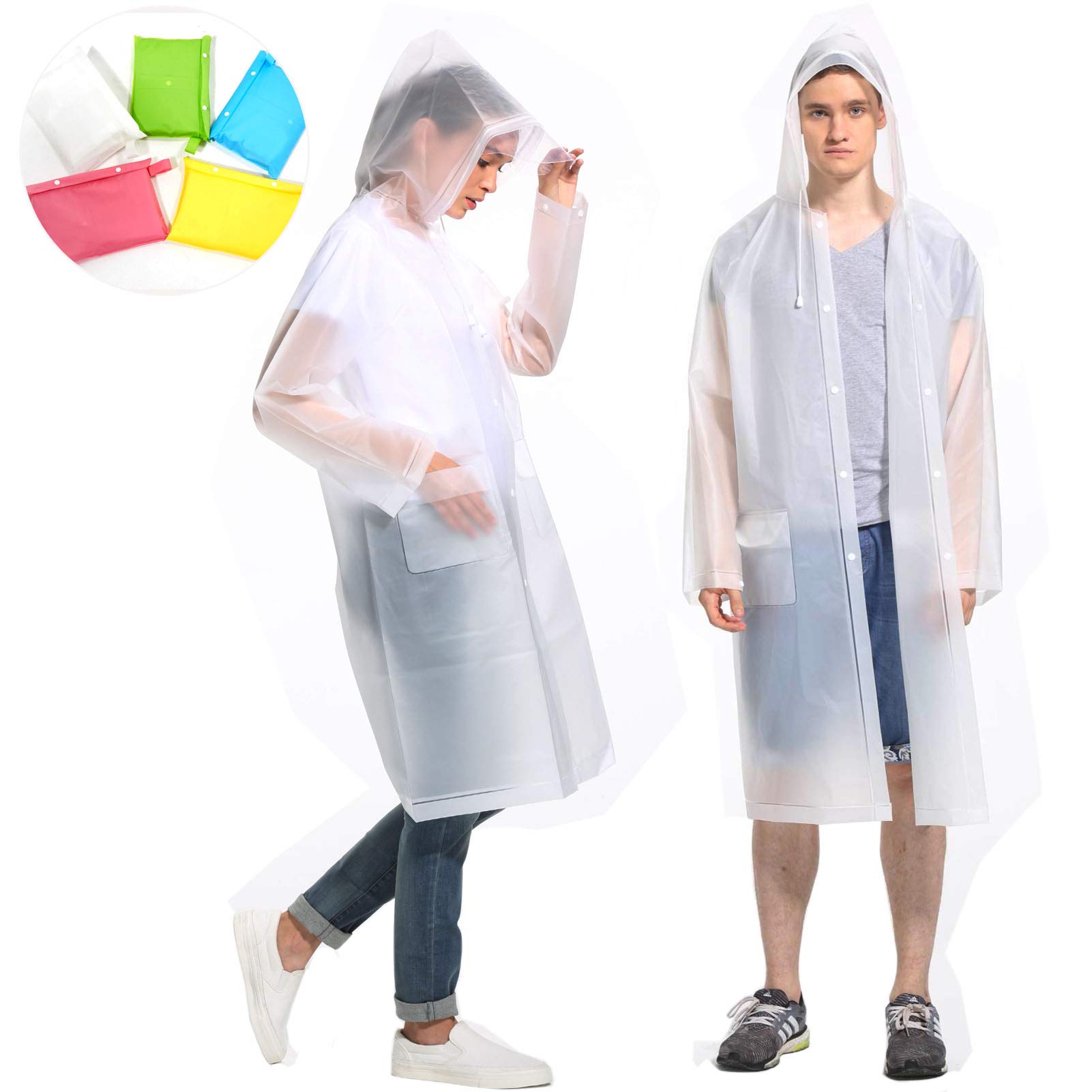 Raincoat, Long Trench Coat Rain Poncho Jacket Clear Rain Wear with Two Pockets & Hooded Cap, White-image-43