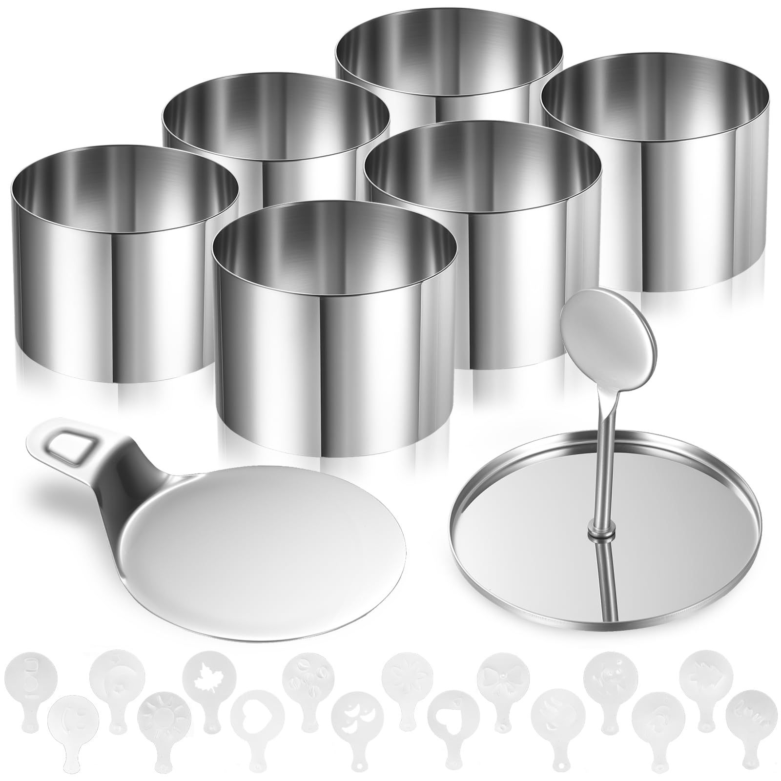 Set di 8 anelli da dessert e fedi nuziali, in acciaio inox, diametro 7,5 cm, con coperchio, base e stencil, forma rotonda per tortine