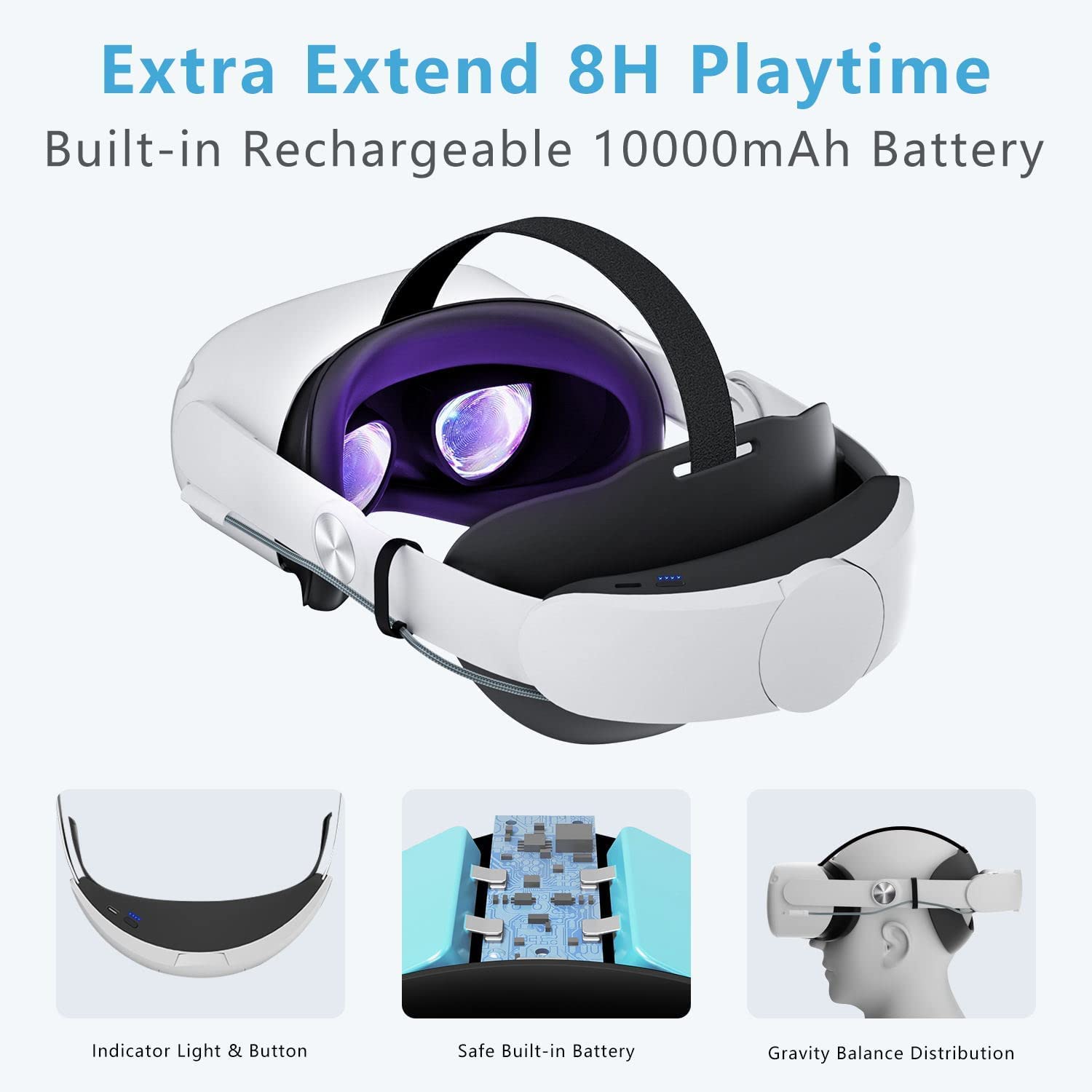 Archetto con batteria per Oculus Quest 2, batteria da 10.000 mAh per 8 ore di riproduzione prolungata, alimentatore VR a ricarica rapida, cinturino regolabile per supporto e bilanciamento