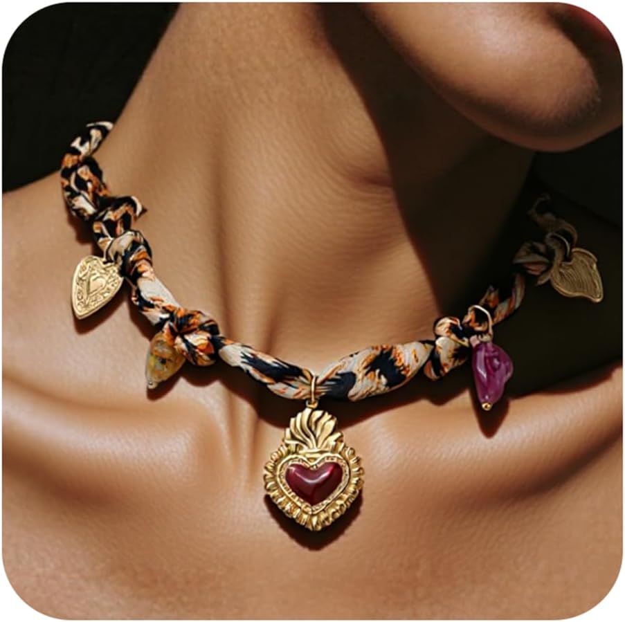 Scarf Bandana Necklace for Women, Gold Charms With Heart Pendant Vintage Lightweight Leopard Choker Boho Natural Stone Fashion Accessories Fall Jewelry Gift