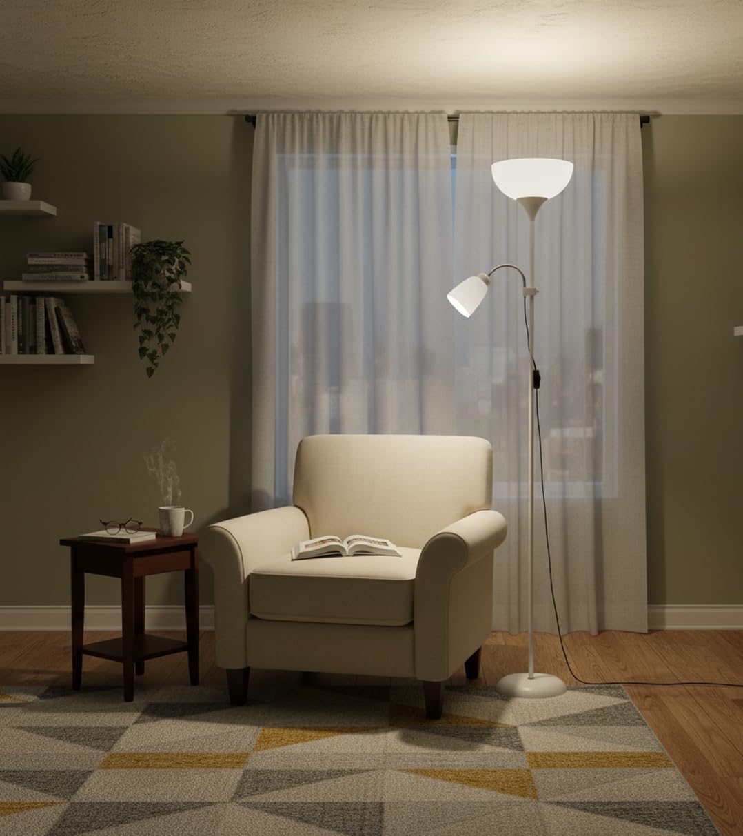 BEL AIR HOME | Lámpara de pie VARESE | 178CM, blanco, aluminio | Brazo lector orientable, doble portalámparas E27 y E14, interruptor deslizante | Iluminación salón moderna y funcional