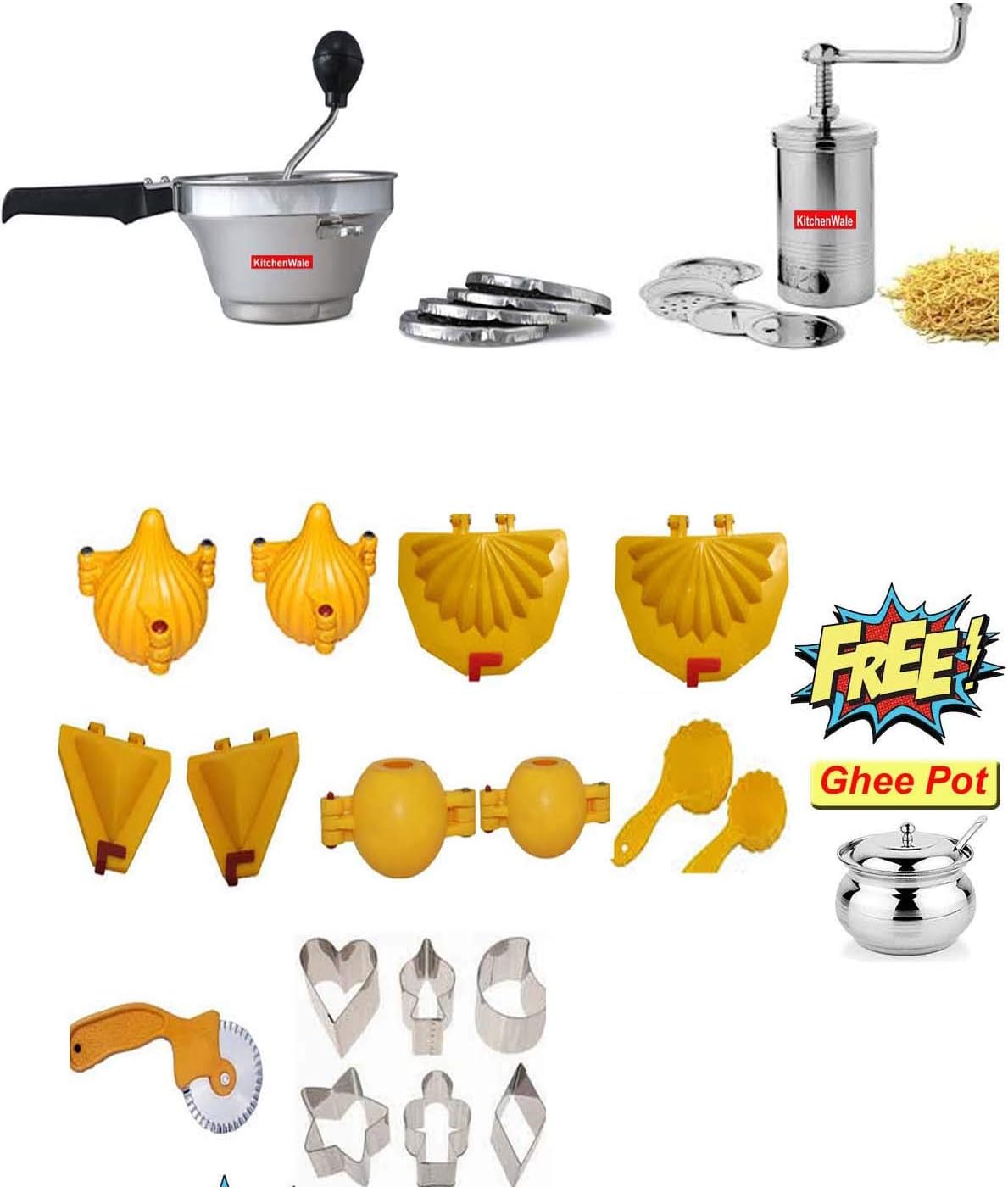 Kitchenwale Combo of 19 Pcs (Puran M/c Kitchen Press chakli Maker 2 Modak Mould 2 Gujiya Mould 2 Laddo Mould 2 Scoop 2 Samosa Mould 6 Shape Cutter 1 ShankarPali Cutter)