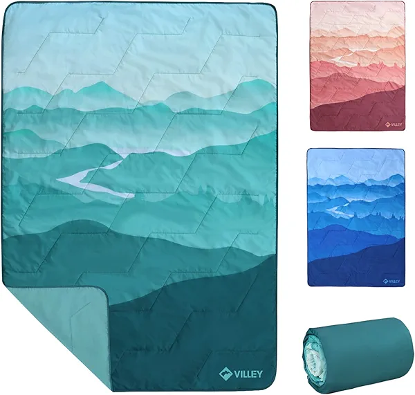VILLEY Picnic Blanket, 3-Layer Camping Blanket 52"x75", Machine Washable, Water Repellent and Sandproof, Packable and Portable for Camping, Travel, Park, Beach and Indoor Use Teal