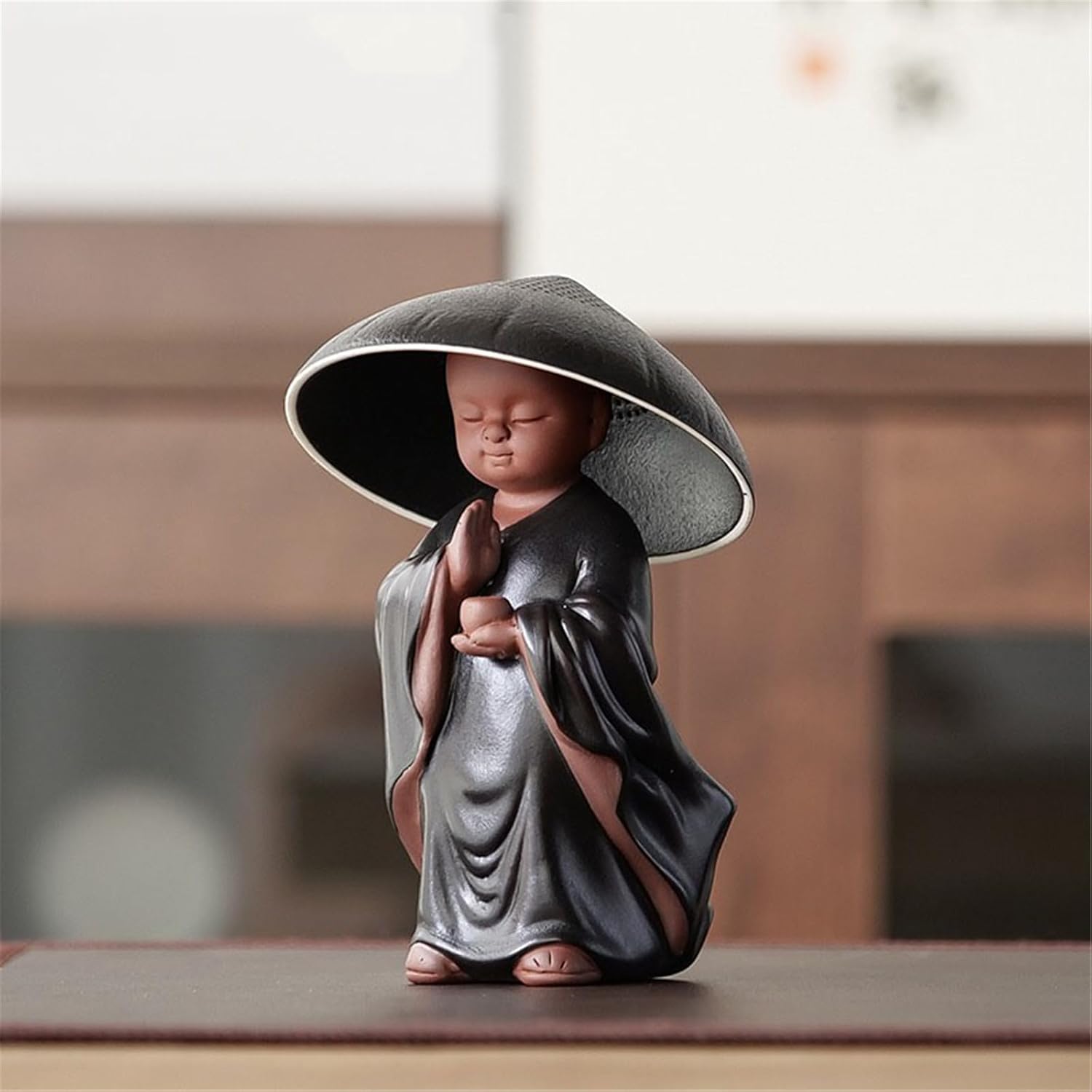 Ceramic Bamboo Hat Monk Infuser Zen Tea Pet Ornament Brewing Purple Clay Tea Set-Style1