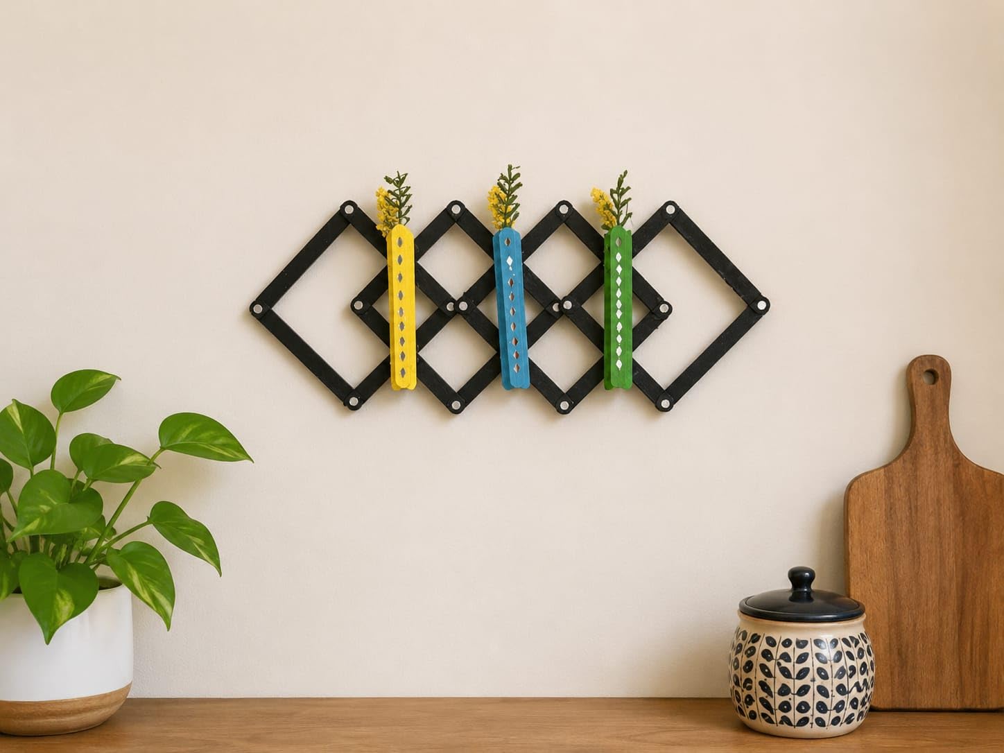 Handcrafted Wall Art Decor with Diamond Geometric Design | 17 x 9 cm, Multicolour Accents-image-14