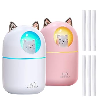 Small Humidifier Cute Portable Cool Mist Humidifier with 6 Pcs Humidifier Sticks 7 Color Night Light USB Air Humidifier for Bedroom Office Desk Car Travel (Pink+White+6 Filter Cotton Sticks)