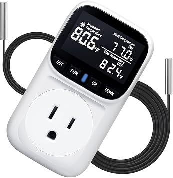 1800W Digital Thermostat for Reptile Tank,40F210F, Plug in Thermostat for Heater/Greenhouse with 5m/2m Cable, 15A Temperature Controlled Outlet with VA Display, Temp 0.1F, White