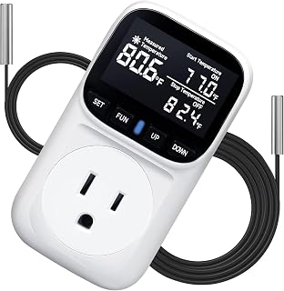 Digital Temperature Controlled Outlet with 5m/2m Cable, Plug in Thermostat for Heater, Reptile & Greenhouse - 15A/1800W Thermostat Controlled Outlet with VA Display, Cyclic Timing/Countdown,White