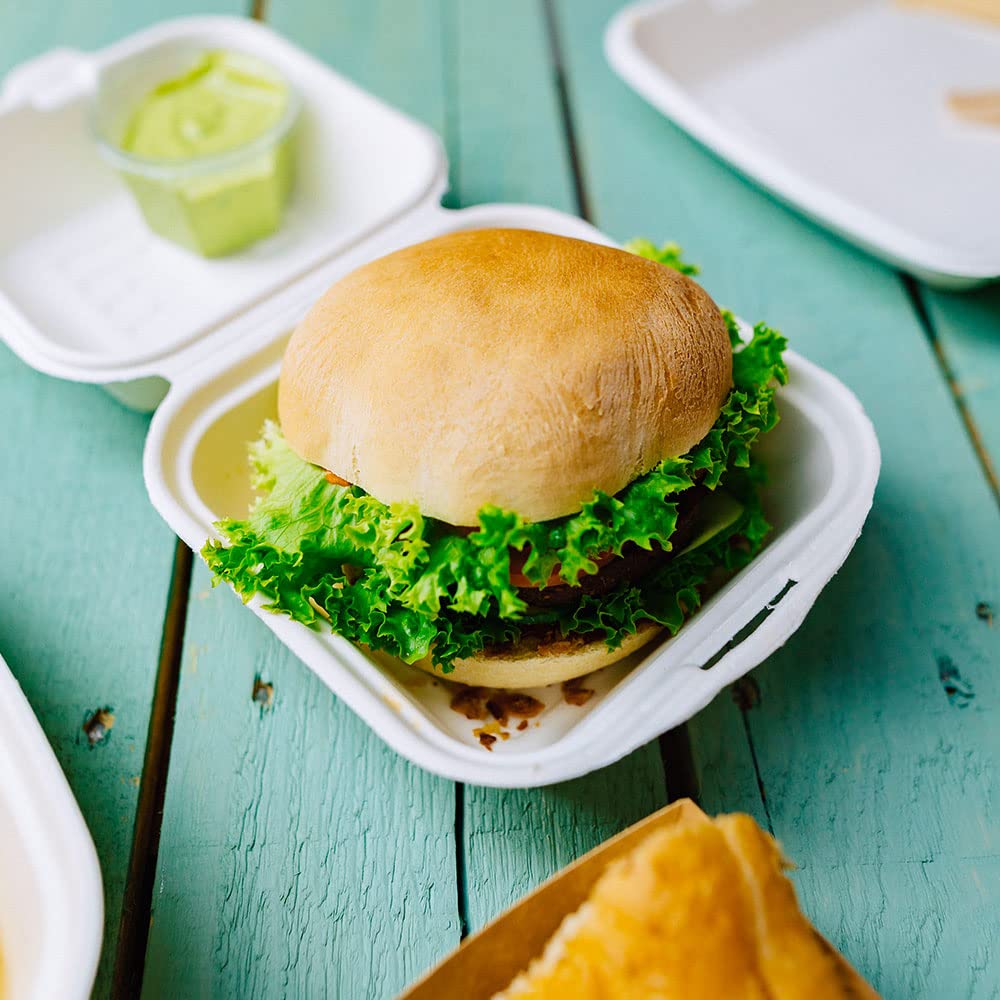 BIOZOYG Bio hamburguesas, desechables, biodegradables, para hamburguesas, bagazo compostable, 500 ml, tapa plegable, caja de 14,3 x 15 cm, 500 unidades, caja cuadrada blanca