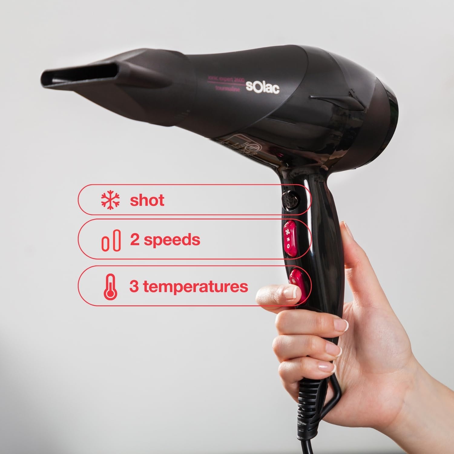 Solac - Secador de Pelo SP7170 Expert 2600 Tourmaline, 2600W, 2 Velocidades + 3 Temperaturas, Aire Frío, Difusor, Función Iónica Antiencrespamiento, Secado Rápido, Cable 180 cm, Negro