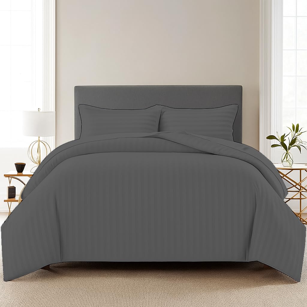 Trance Home Linen Zippered 100% Cotton 200 TC Satin Stripe Queen Duvet Cover Quilt Cover Razai Comforter Cover with 2 Pillow Covers (Queen 90 x 102 inch, Dark Grey)-image-35