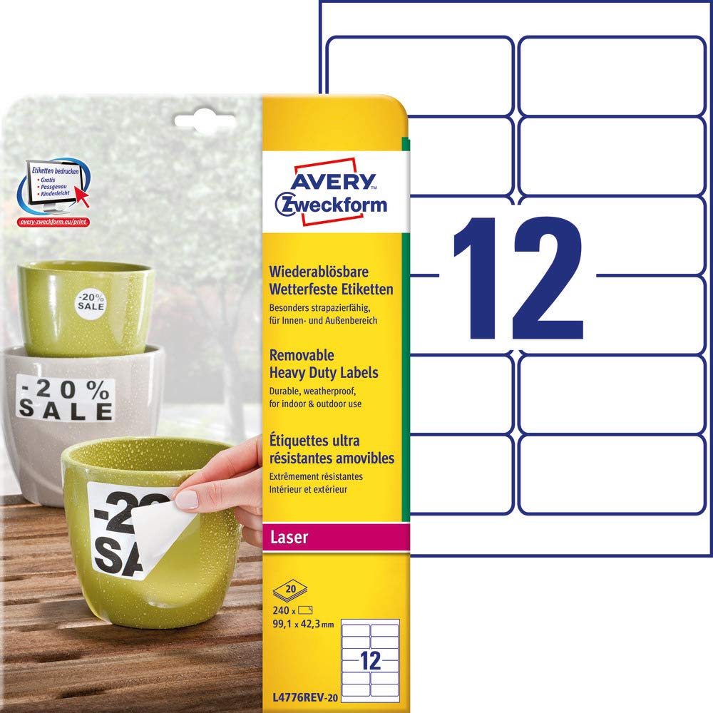 AVERY Zweckform L4776REV-20 Weatherproof Film Labels (240 Stickers, 99.1 x 42.3 mm on A4, Self-Adhesive, Waterproof, Removable, Durable, Printable Outdoor Adhesive Film), 20 Sheets, White