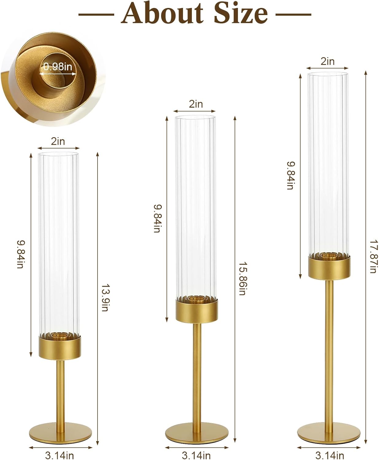 Glass Hurricane Candle Holders Set of 18-Gold Metal Base Taper Candle Stick Holders for CandlesticksHolder Decor, Elegant Dining Table Centerpiece for Wedding, Christmas & Home Decor-Ribbed Glass - Image 6