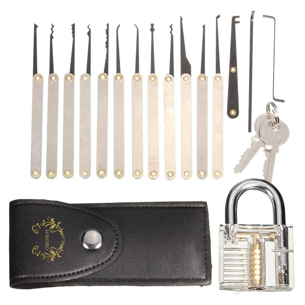 GBENJOY 20-Piece Lock Pick Set with Transparent Training Padlock and Credit Card Lock Picking Tool Kit + Guide for Beginner and Pro Locksmiths