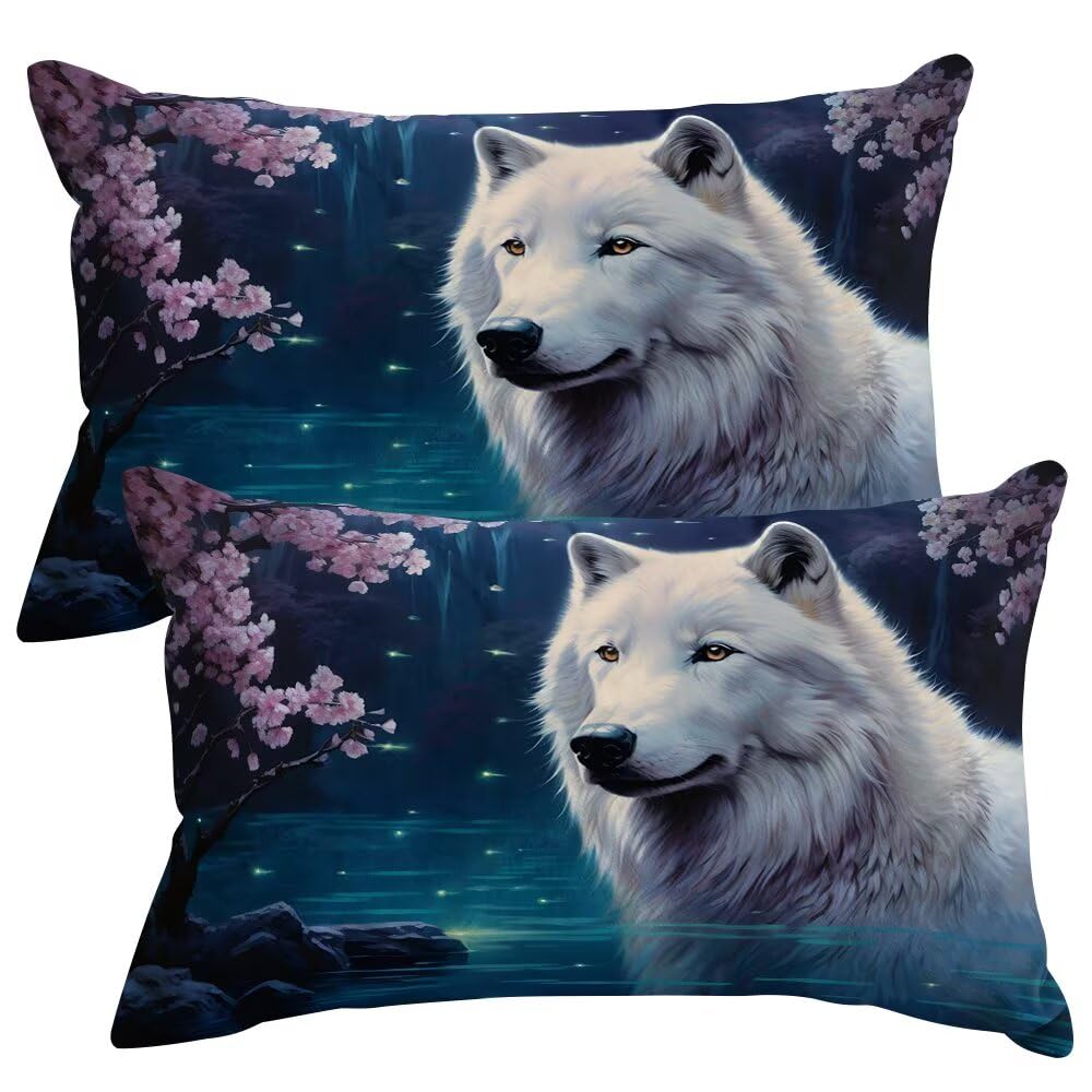Set of 2 Velvet Cushion Covers 35x55 cm Cherry Blossoms Cushions Covers Decorative Throw Pillow Case Wolf Sofa Pillows 14x22 Inch Cushion Cover with Invisible Zipper for Livingroom Bedroom -SC397