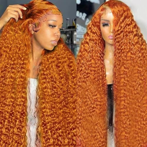 Image of Nsvnsv Ginger Wig Human Hair 13x4 deep wave Ginger Orange Lace Front Wigs Human Hair HD Transparent Lace Frontal 350 Colored Human Wig Pre Plucked 180% Density 34inch