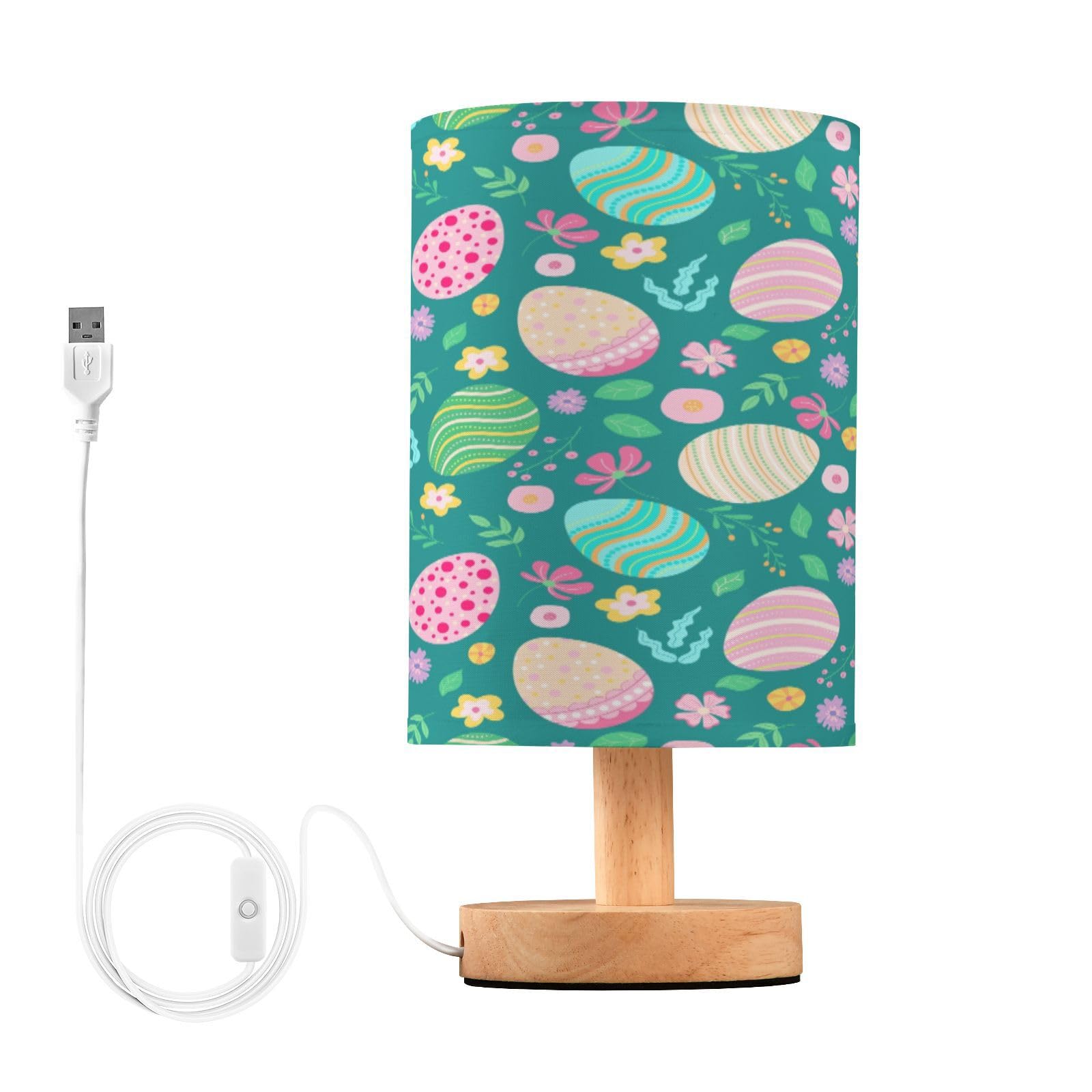 SDMKA Colorful Easter Eggs Bedside Table Lamp for Bedroom, Minimalist Nightstand Lamp with Round Fabric Shade for Living Room, Office, No Bulb Required