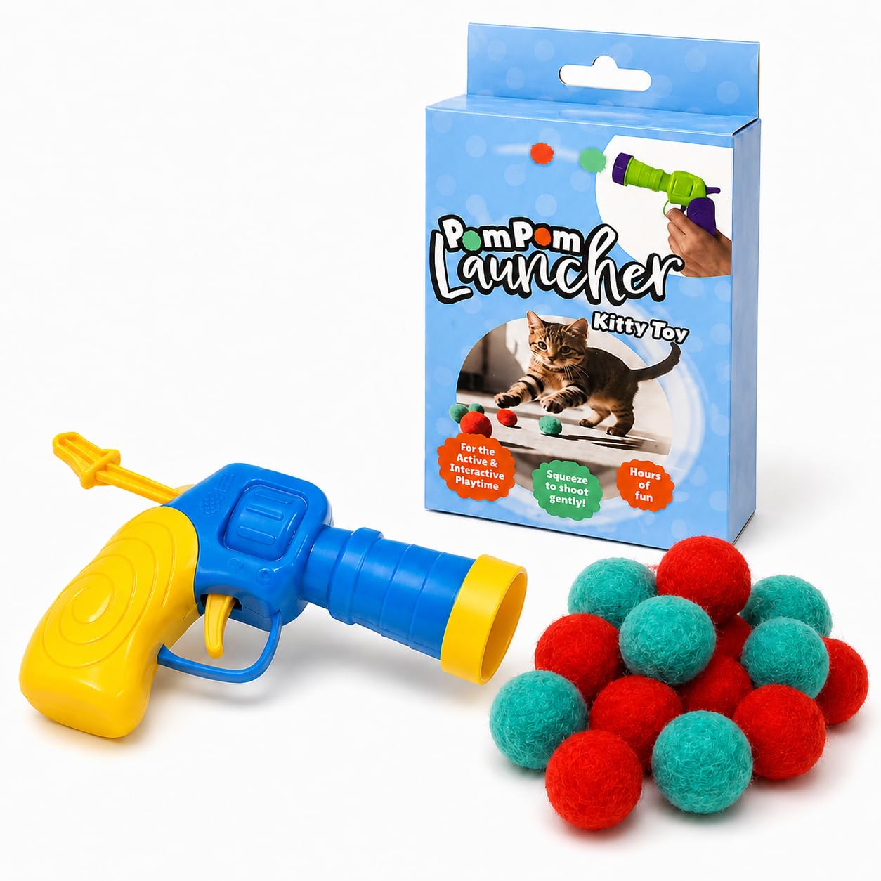 Pet Guru PomPom Launcher Kitty Toy Cat Toy, Interactive Indoor Play, with Soft Pom Pom Balls, Red and Teal For Cat & Kittens