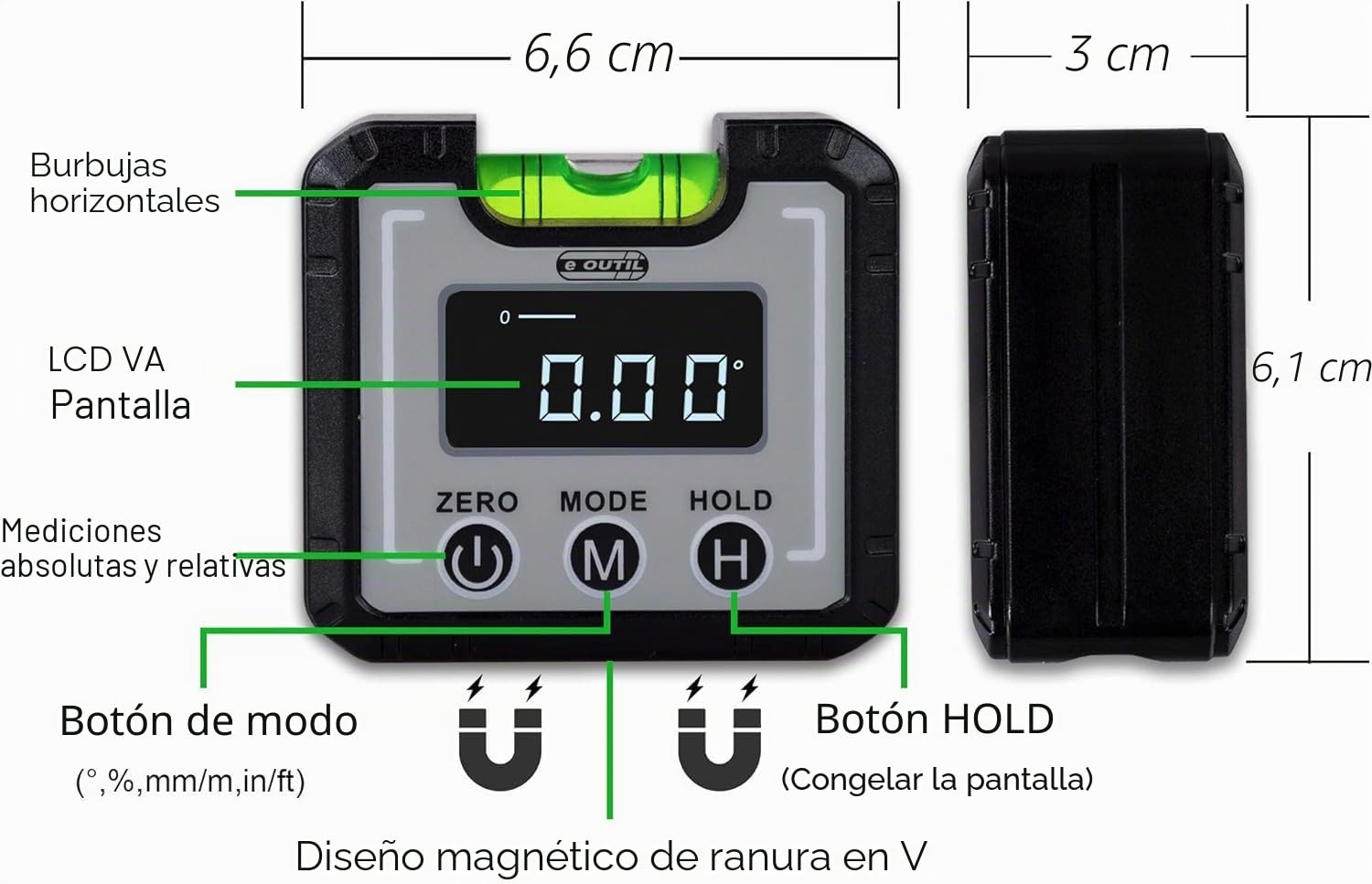 Inclinómetro Digital Protractor LCD con Burbujas Horizontales, 4 * 90 ° Nivel Buscador de ángulos de Caja Transportador de Ángulo con Base Magnética y%, mm/m, IN/FT Medidor de Ángulos Digital