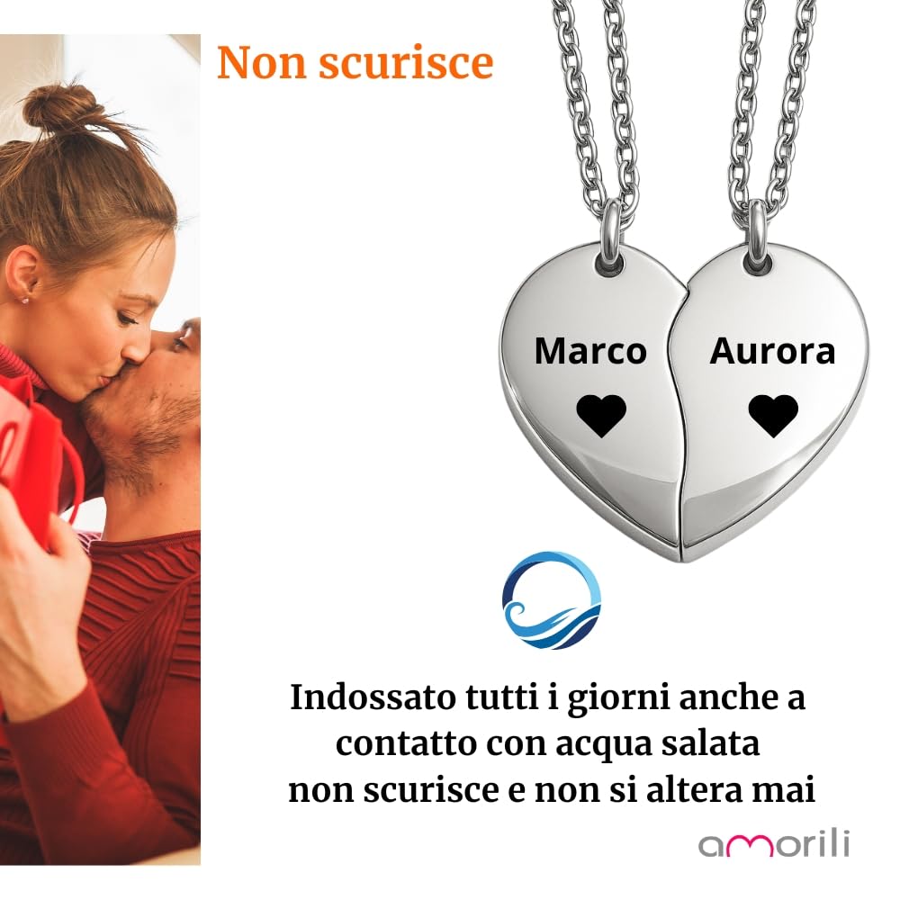 Collana Coppia Cuore che si Spezza Personalizzata in Acciaio Inox | Collane per Fidanzati Amore a Distanza | Cuore Diviso Personalizzabile Nome Data Incisione cll0972c
