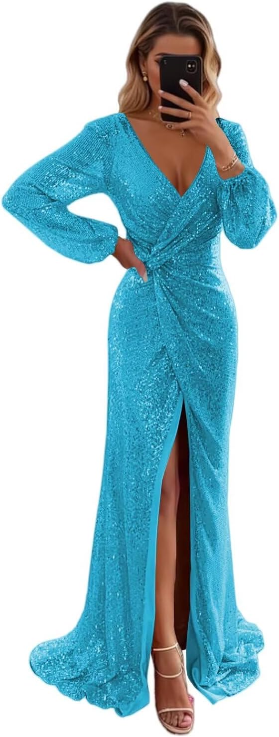 Sequin Prom Dress for Women 2026 Long Sleeve Sparkly Cocktail Formal Dress with Slit