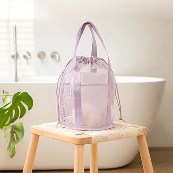 Portable Mesh Shower Caddy with Drawstring Pockets - Hanging Toiletry Bag for College Dorms, Travel, Gym & Camping, Quick-Dry Bathroom Organizer for Beach, Swimming, Essential Shower Tote (Purple)