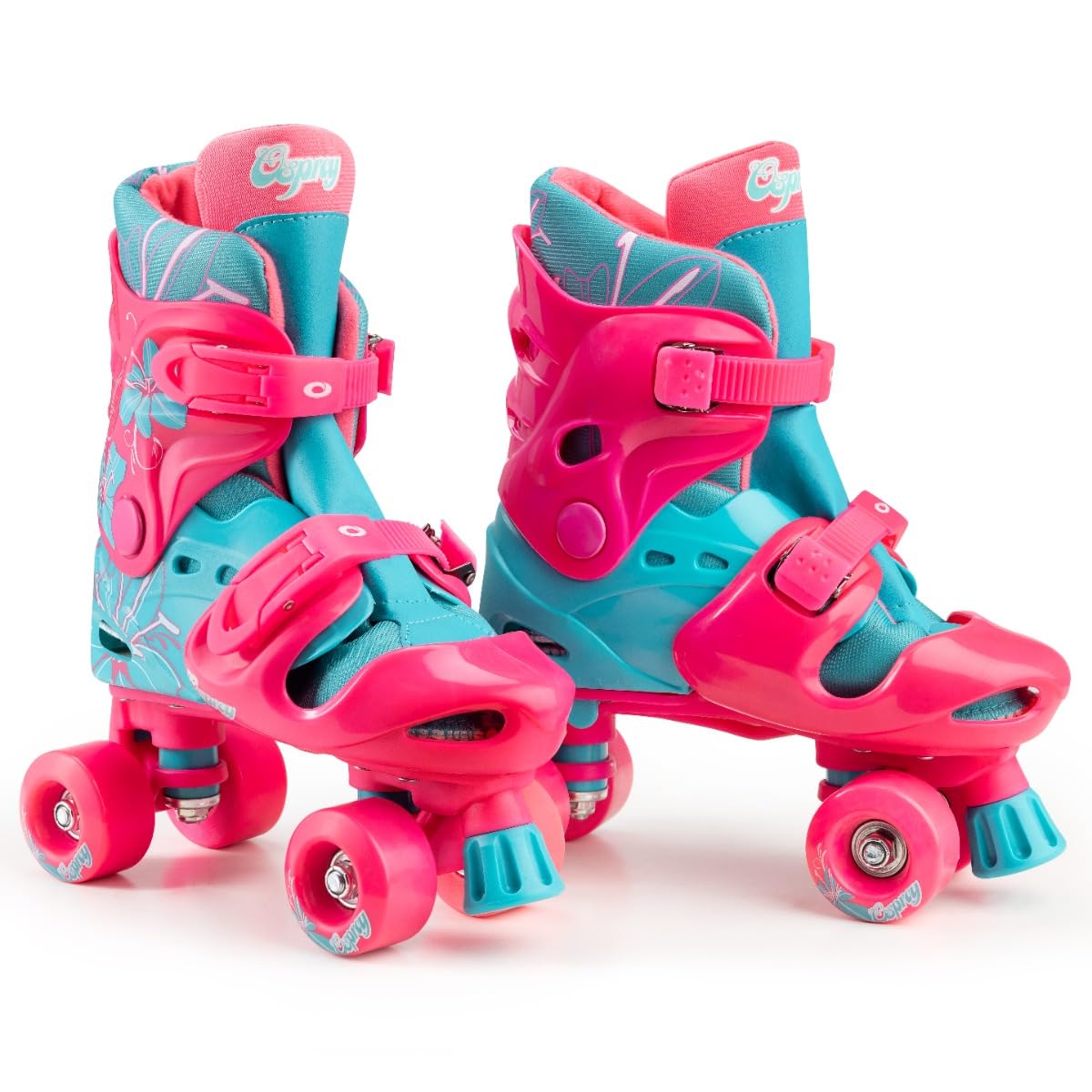 Osprey Roller Skates | for Girls and Boys, Kids Beginners, Adjustable Sizing Quad, 4 Wheel, Durable Safe-Lock Straps, Flower, Multiple Designs, Pink/Teal, UK 1-4