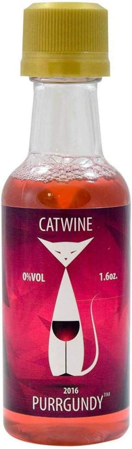 CatWine - 1.6 Ounce Single Serving Bottle of Purrgundy Organic Catnip Wine - Non-Alcoholic, Liquid Catnip Treat | Use As Food Topper, Freeze, or Drink As is (1 Bottle)