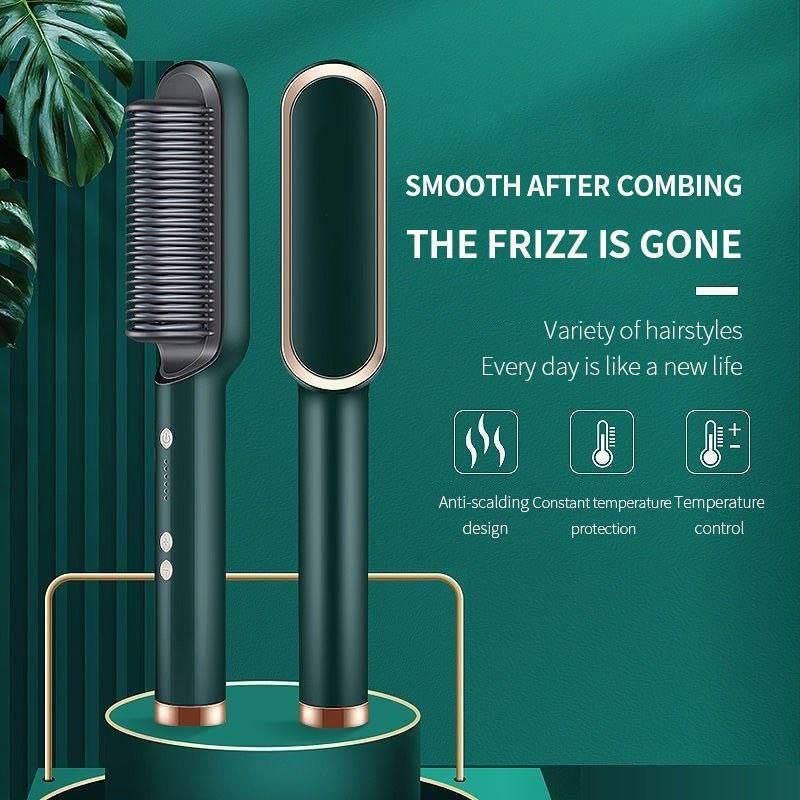 Image of Professional Hair Straightener Comb, 5 Temperature PTC Fast Heating Electric Comb Straightener for Women and Men, Ceramic Hair Styler Machine Suction Cup, Green